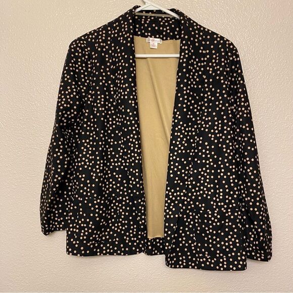 Black tan Polka Dot Blazer open Cardigan jacket suit 3/4 ruched sleeve -M - Picture 2 of 11